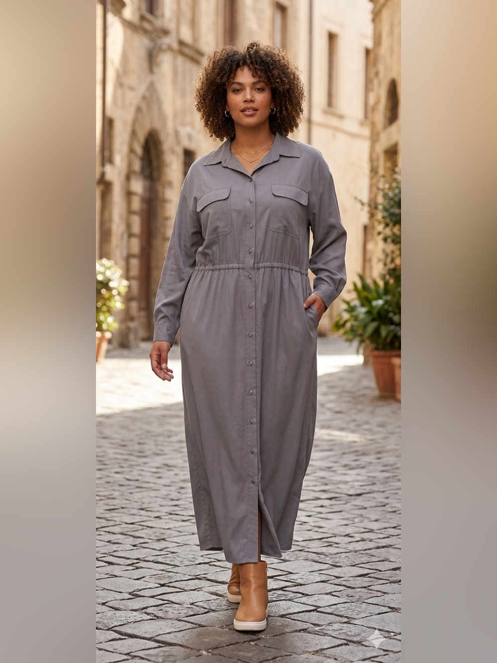 Together Dress Gray Button-Down Maxi NWT Vintage Long Sleeve Size 18